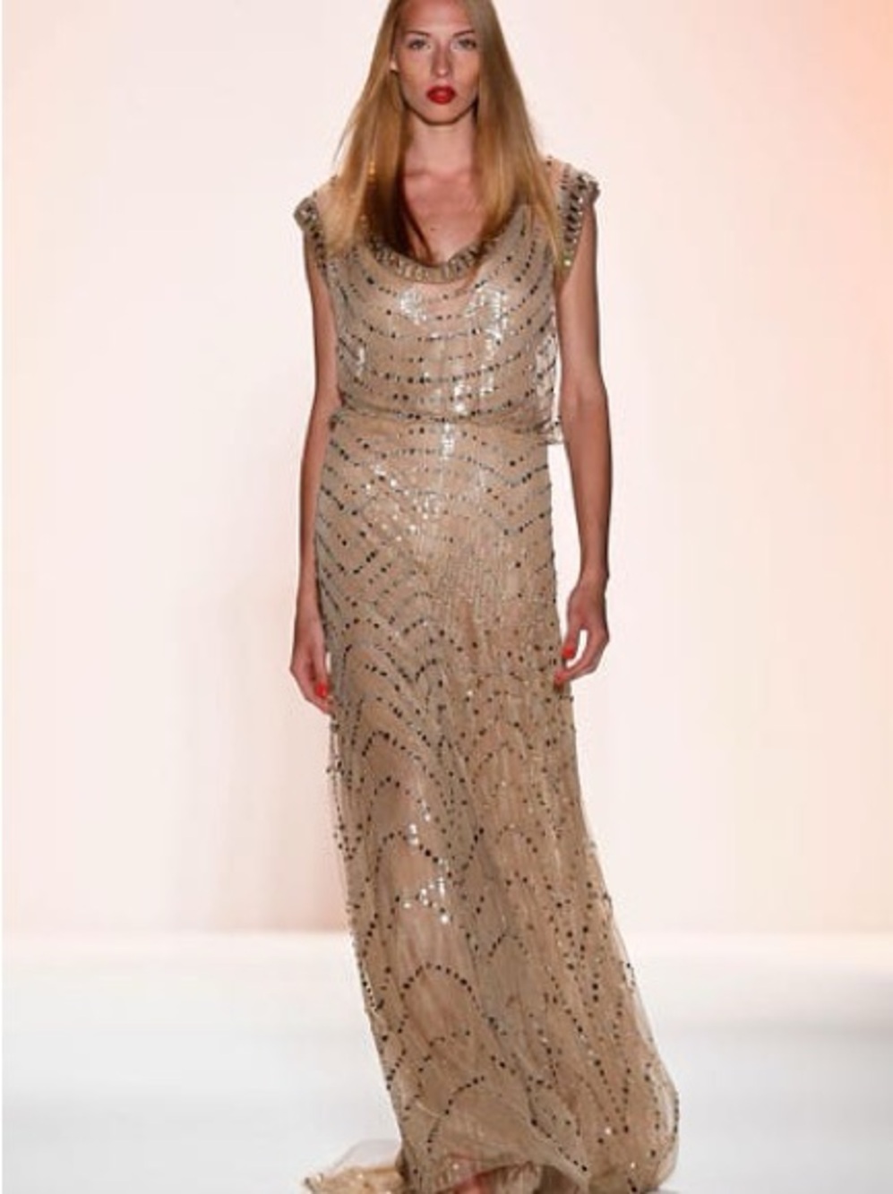 Jenny Packham Champagne Beaded Cowl-Neck Maxi Dress